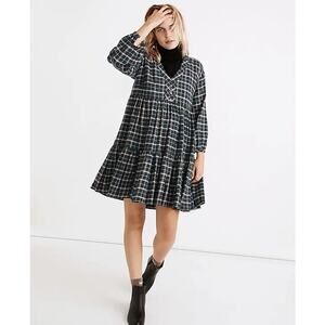 Madewell Flannel Colette Mini Short Dress 4 Women’s Midnight Green Plaid NB856